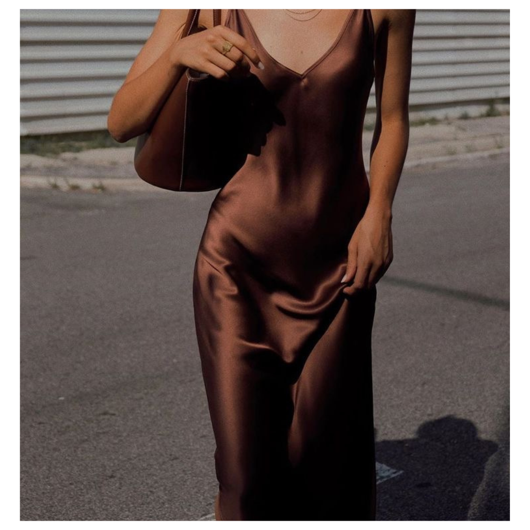 Delga Brown Satin Maxi Dress