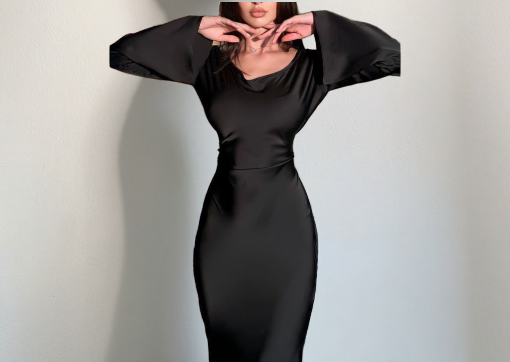 Delga Black Satin Long Dress